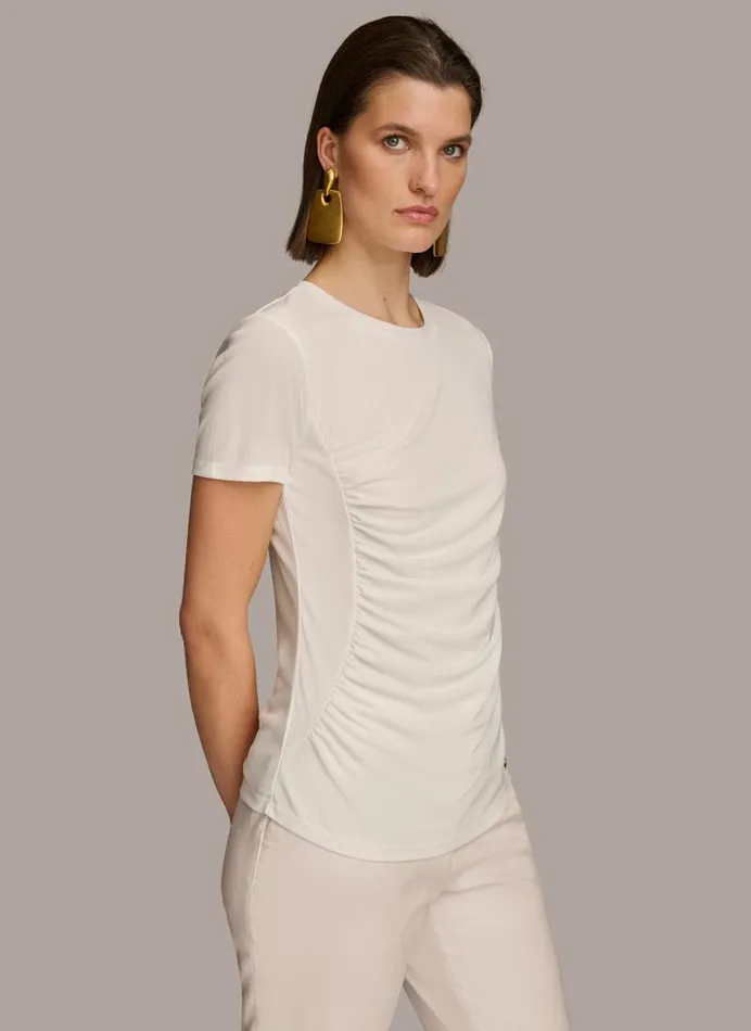 Women CREW NECK RUCHED TEE Cream Donna Karan New York Sweaters And Tops