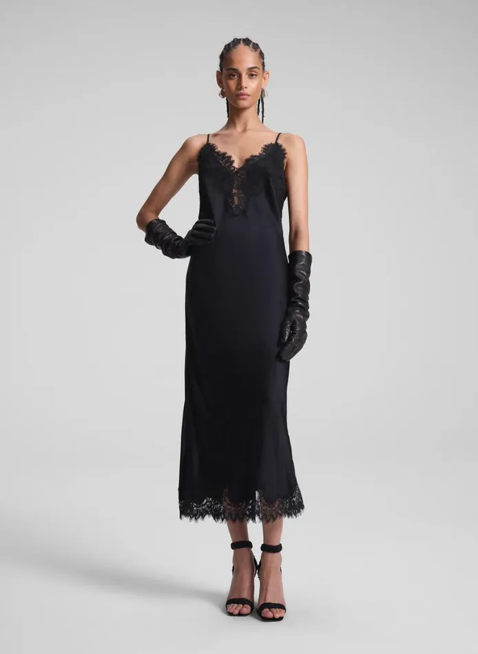 Women Dresses ALC Lennon Satin And Lace Midi Dress Blackblack