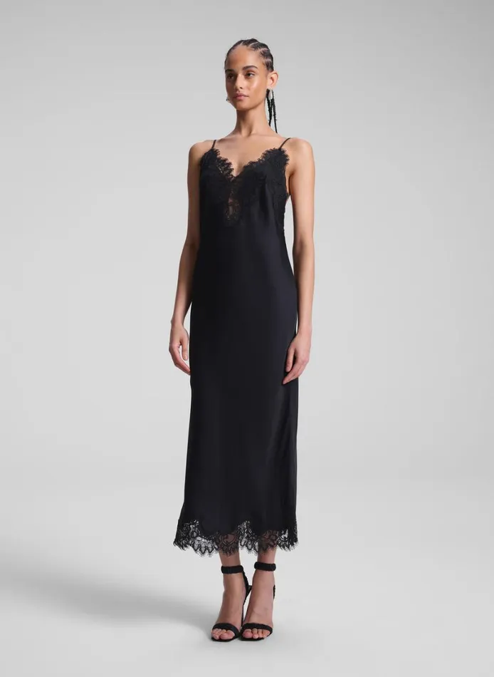 Women Dresses ALC Lennon Satin And Lace Midi Dress Blackblack