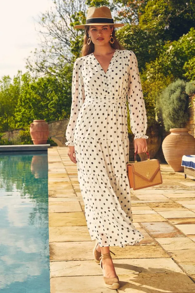 Women Dresses Holland Cooper Bella Tiered Maxi Dress White Black Polka Dot