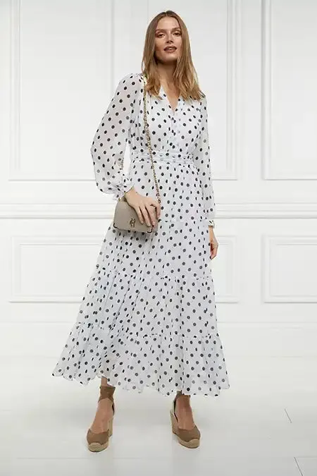Women Dresses Holland Cooper Bella Tiered Maxi Dress White Black Polka Dot