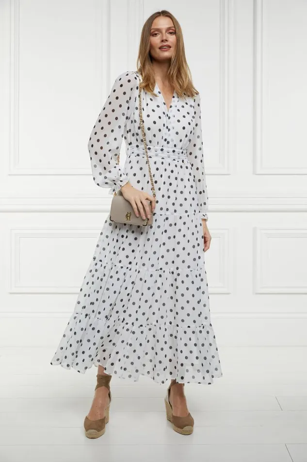 Women Dresses Holland Cooper Bella Tiered Maxi Dress White Black Polka Dot