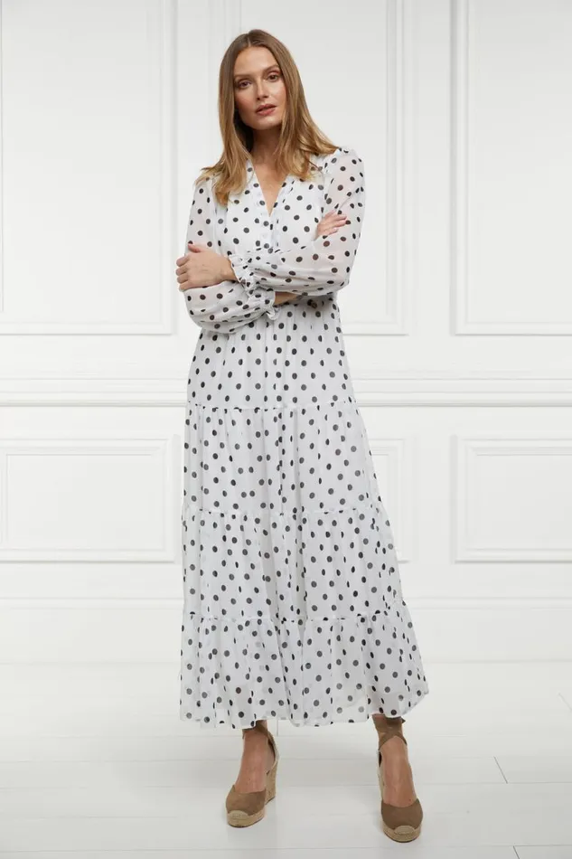 Women Dresses Holland Cooper Bella Tiered Maxi Dress White Black Polka Dot