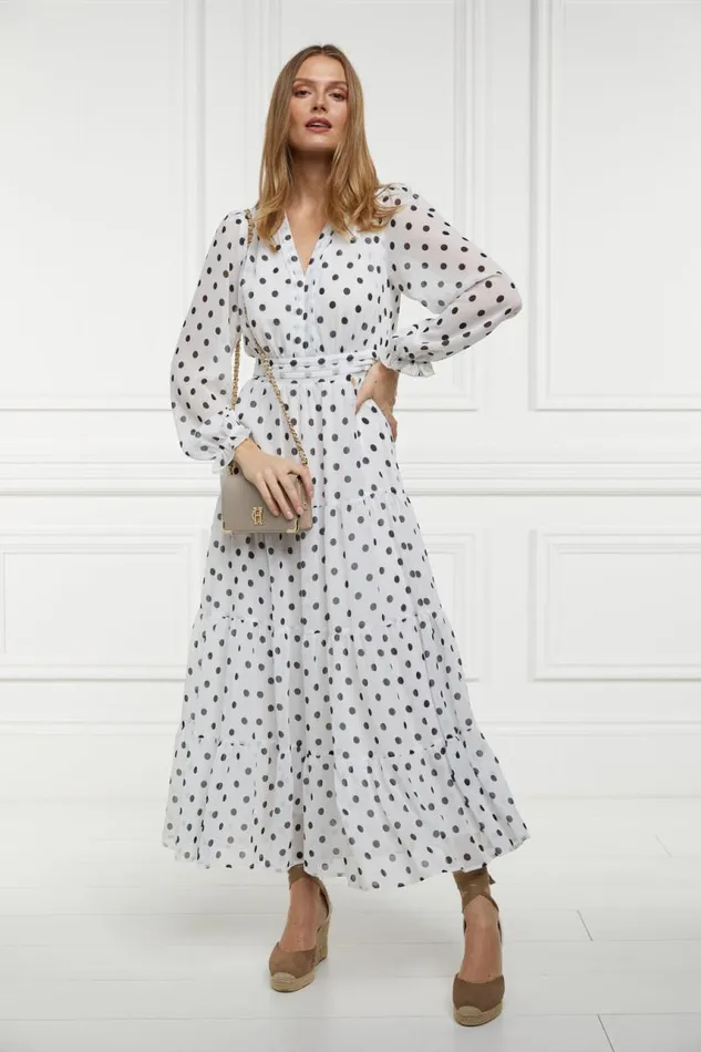 Women Dresses Holland Cooper Bella Tiered Maxi Dress White Black Polka Dot