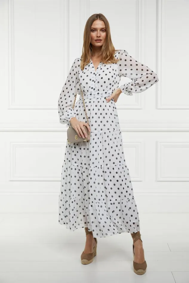 Women Dresses Holland Cooper Bella Tiered Maxi Dress White Black Polka Dot