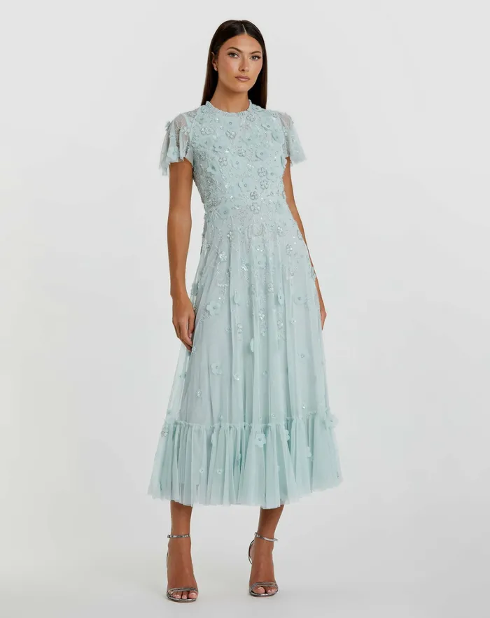 Women Embellished High Neck Cap Sleeve A Line Dress Powder Blue Daytime Dresses Mac Duggal