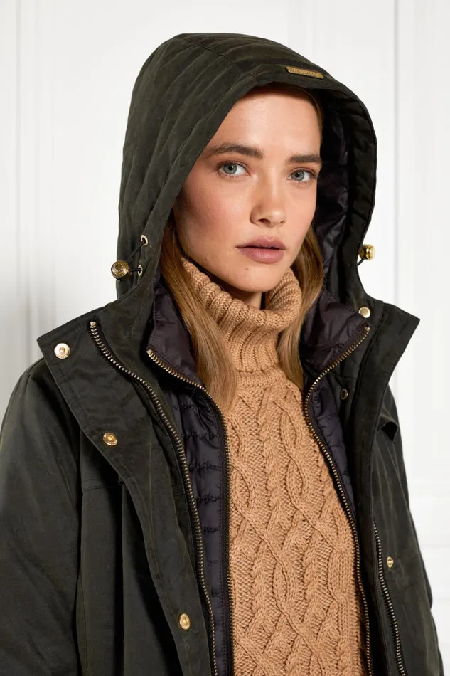 WomenEquestrian Coats Holland Cooper Wax Longline Field Coat Dark Olive