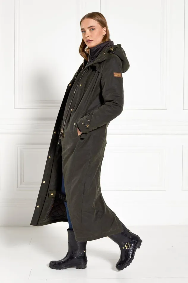 WomenEquestrian Coats Holland Cooper Wax Longline Field Coat Dark Olive