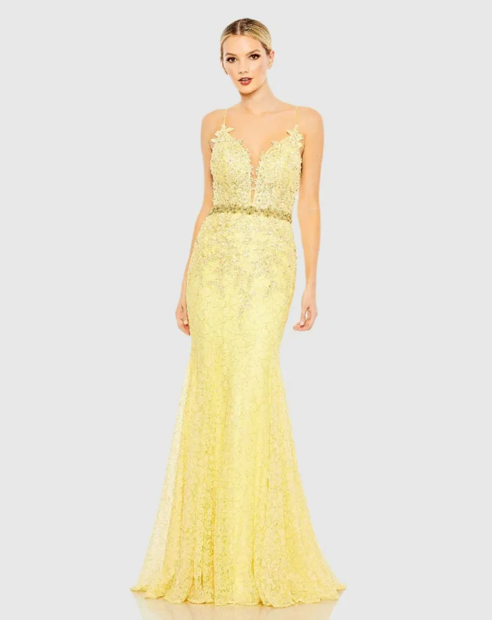 Women Evening Gowns Mac Duggal Applique Sleeveless Plunge Neck Trumpet Gown Lemon Women Evening Gowns Mac Duggal Applique Sleeveless Plunge Neck Trumpet Gown Lemon
