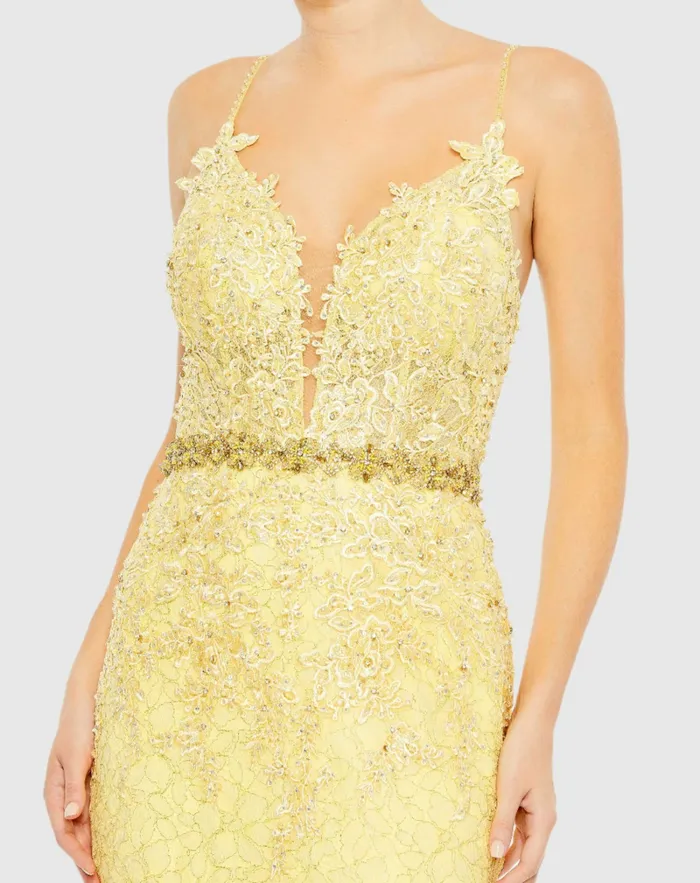Women Evening Gowns Mac Duggal Applique Sleeveless Plunge Neck Trumpet Gown Lemon