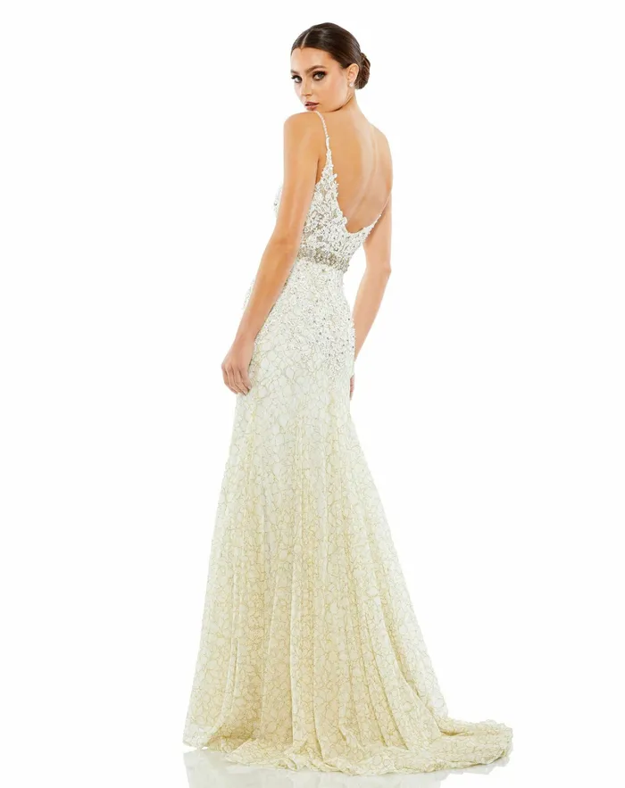Women Evening Gowns Mac Duggal Applique Sleeveless Plunge Neck Trumpet Gown Lemon