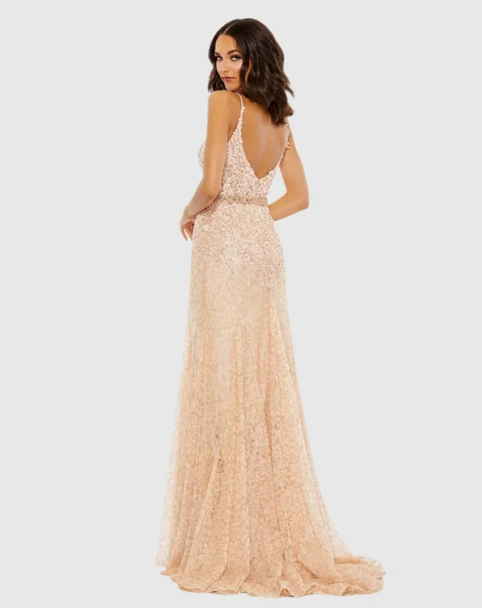 Women Evening Gowns Mac Duggal Applique Sleeveless Plunge Neck Trumpet Gown Lemon