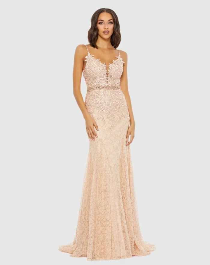 Women Evening Gowns Mac Duggal Applique Sleeveless Plunge Neck Trumpet Gown Lemon