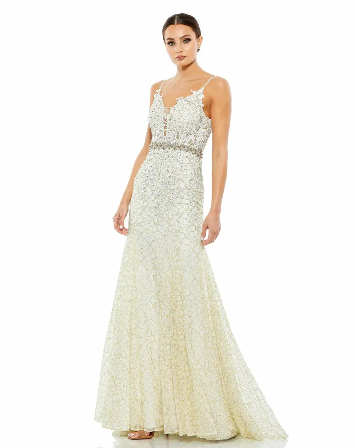 Women Evening Gowns Mac Duggal Applique Sleeveless Plunge Neck Trumpet Gown Lemon