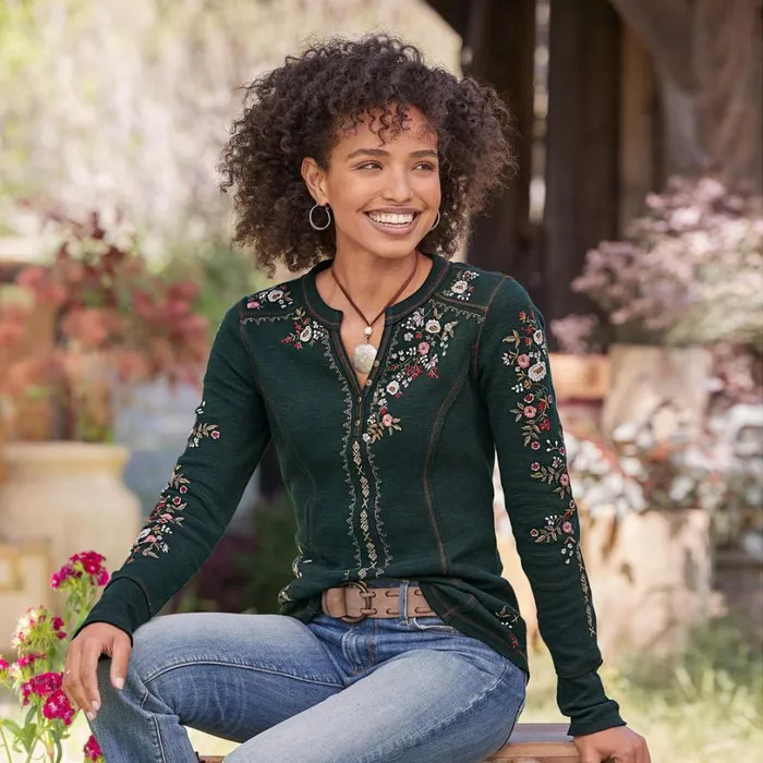 Women Fayette Floral Henley Heather Gray Sundance Catalog Tops Women Fayette Floral Henley Heather Gray Sundance Catalog Tops