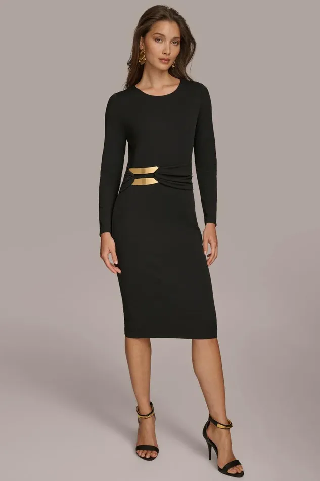 Women FITTED MIDI DRESS WITH BRUSHED HARDWARE DETAIL Black Donna Karan New York Dresses And Jumpsuits Women FITTED MIDI DRESS WITH BRUSHED HARDWARE DETAIL Black Donna Karan New York Dresses And Jumpsuits