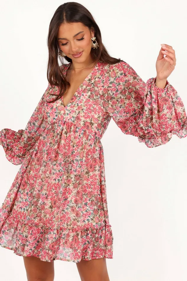 Women Floral Dresses Petal and Pup Reese Long Sleeve Mini Dress Pink Floral