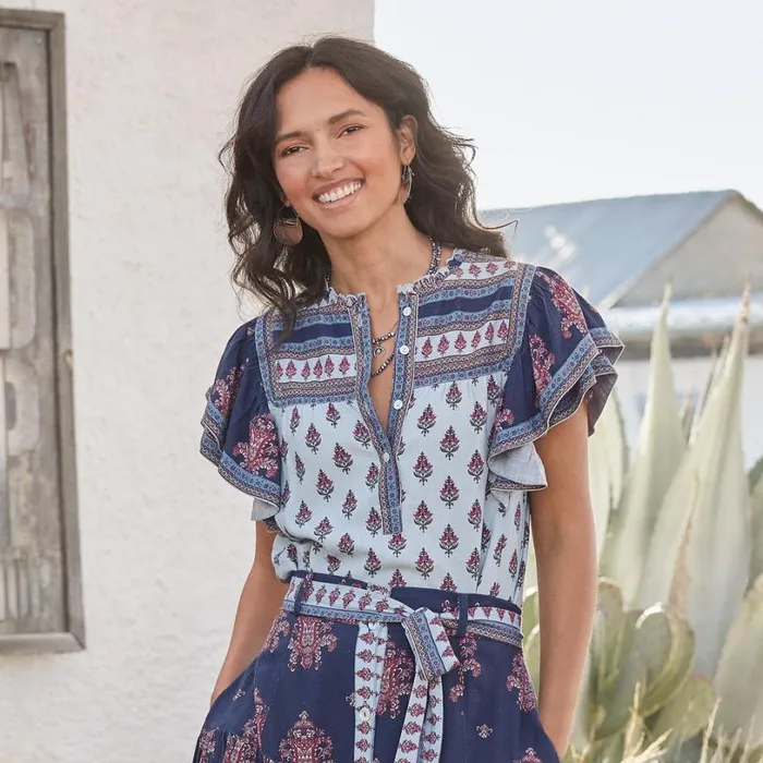 Women Folklore Ruffle Shirt Navy Sundance Catalog Tops