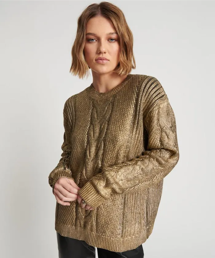 Women GOLD FOIL CABLE SPINE SWEATER One Teaspoon Knitwear