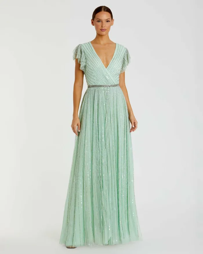 Women Green Sequined Wrap Over Ruffled Cap Sleeve Gown Seamist Evening Gowns Mac Duggal Women Green Sequined Wrap Over Ruffled Cap Sleeve Gown Seamist Evening Gowns Mac Duggal