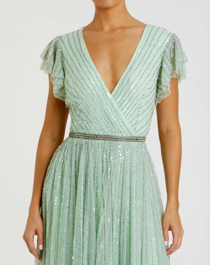 Women Green Sequined Wrap Over Ruffled Cap Sleeve Gown Seamist Evening Gowns Mac Duggal