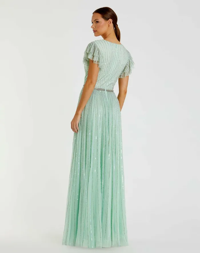 Women Green Sequined Wrap Over Ruffled Cap Sleeve Gown Seamist Evening Gowns Mac Duggal