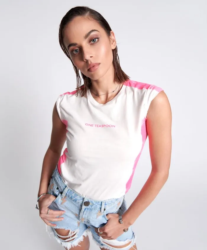 Women HAND SPRAYED PINK LOGO ORGANIC FITTED TEE One Teaspoon Tees and Tanks