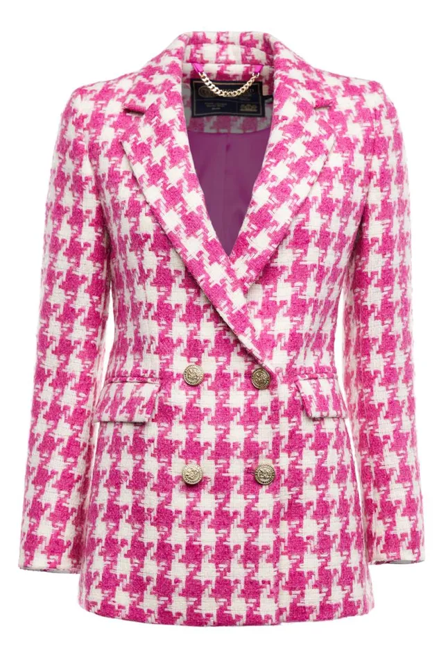 Women In Stock Tailoring Holland Cooper Double Breasted Blazer Hot Pink Large Scale Houndstooth