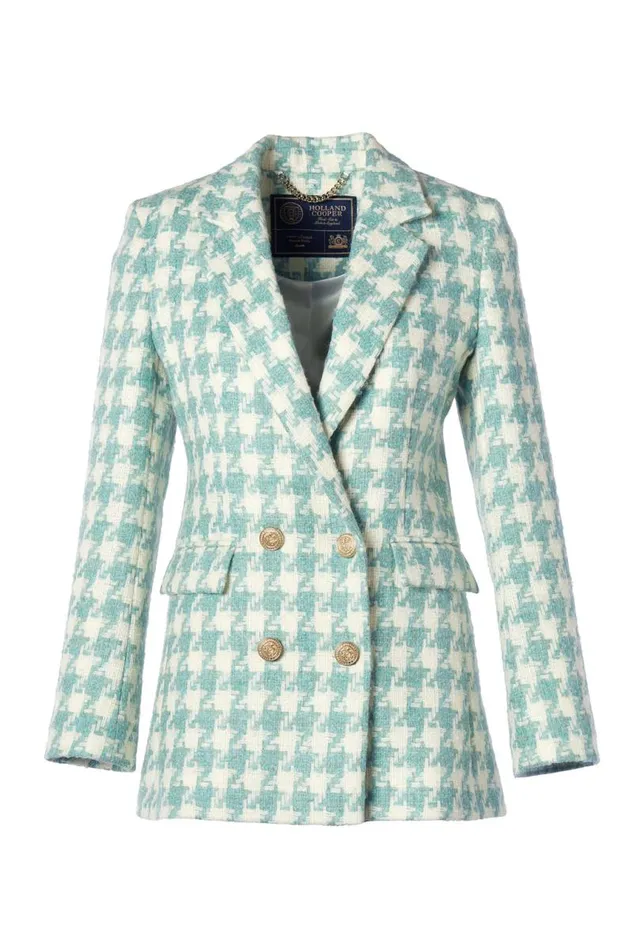 Women In Stock Tailoring Holland Cooper Double Breasted Blazer Large Scale Teal Houndstooth