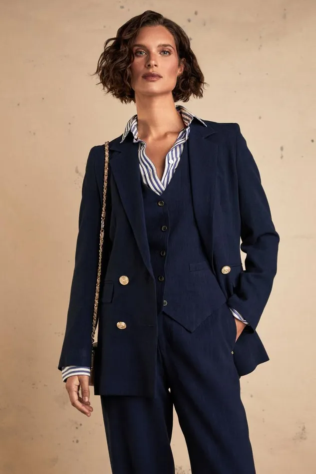 Women In Stock Tailoring Holland Cooper Double Breasted Blazer Navy Linen