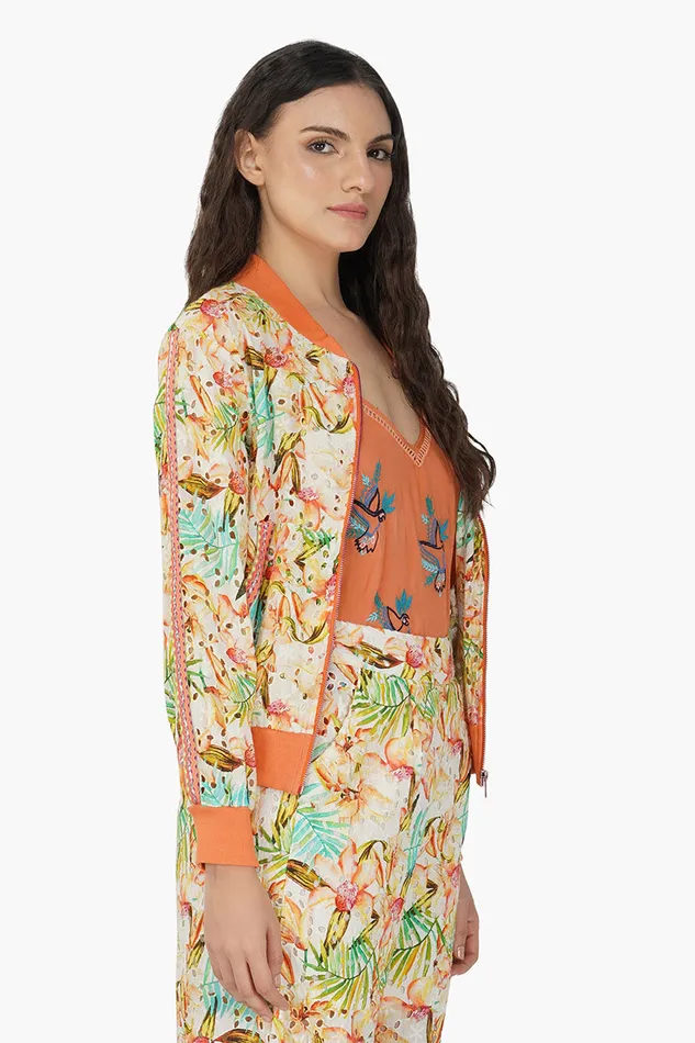 Women Jackets America and Beyond Tangerine Floral Bomber