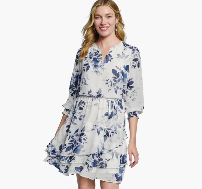 Women Johnston and Murphy Dresses and Jumpsuits Tiered VNeck Print Dress Blue