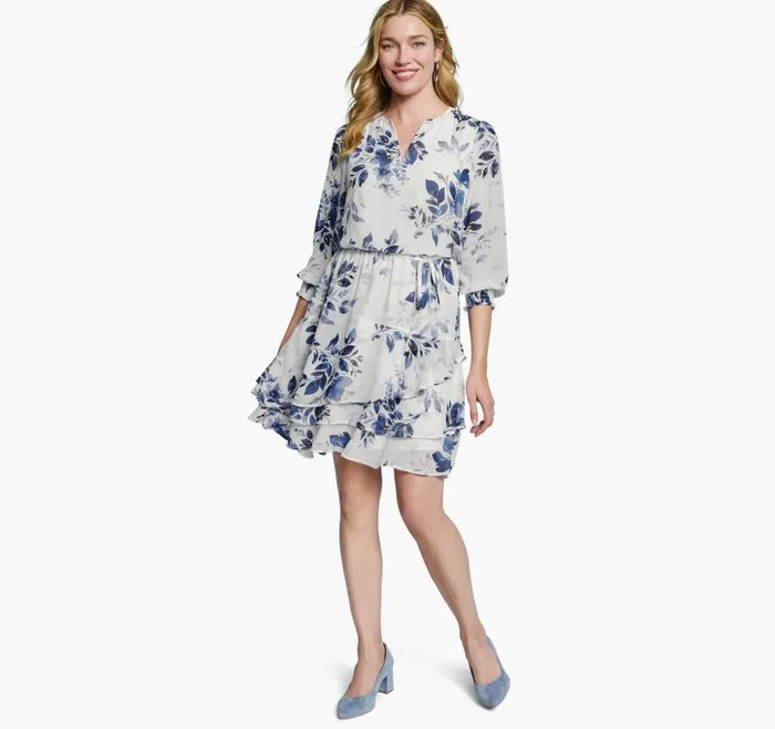 Women Johnston and Murphy Dresses and Jumpsuits Tiered VNeck Print Dress Blue Women Johnston and Murphy Dresses and Jumpsuits Tiered VNeck Print Dress Blue