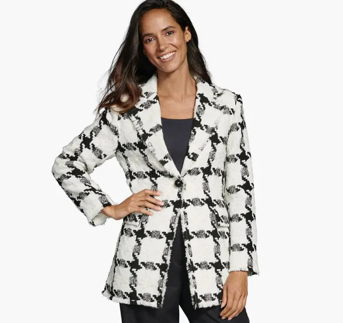 Women Johnston and Murphy Shirts Sweaters and Blazers Large Houndstooth Tweed Blazer Whiteblack