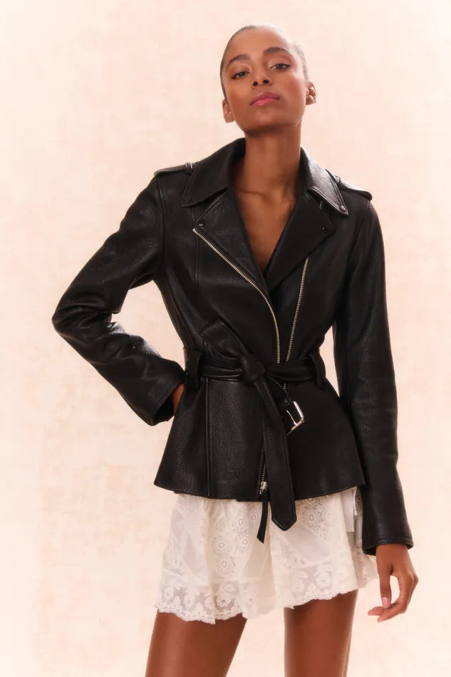 WomenKids LoveShackFancy Jackets and Coats Montine Lamb Leather Moto Jacket Black