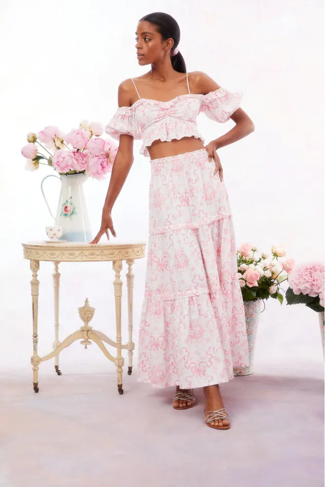 WomenKids LoveShackFancy Skirts Evera Bow Print Cotton Maxi Skirt Bubblegum Blast WomenKids LoveShackFancy Skirts Evera Bow Print Cotton Maxi Skirt Bubblegum Blast