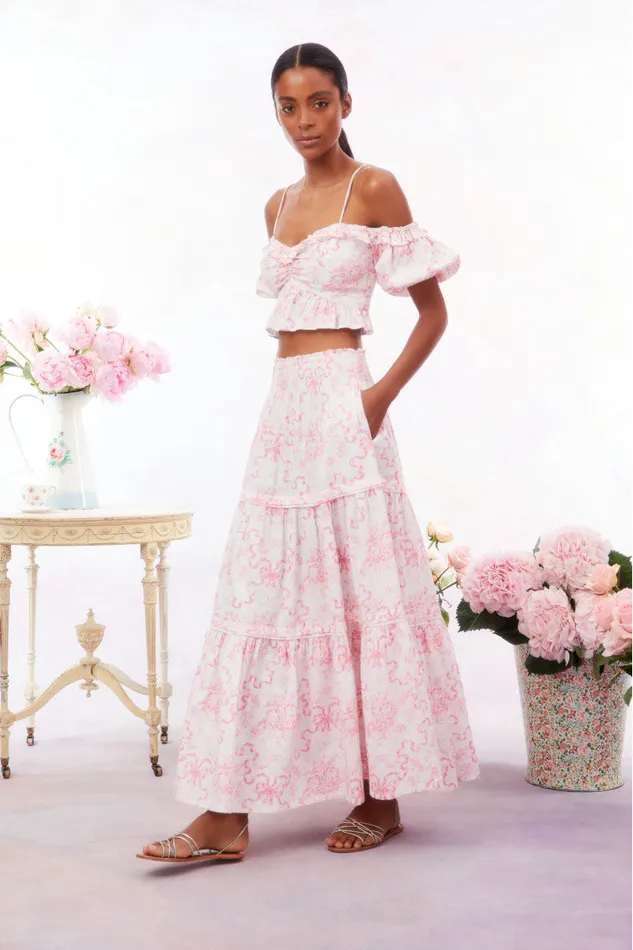 WomenKids LoveShackFancy Skirts Evera Bow Print Cotton Maxi Skirt Bubblegum Blast