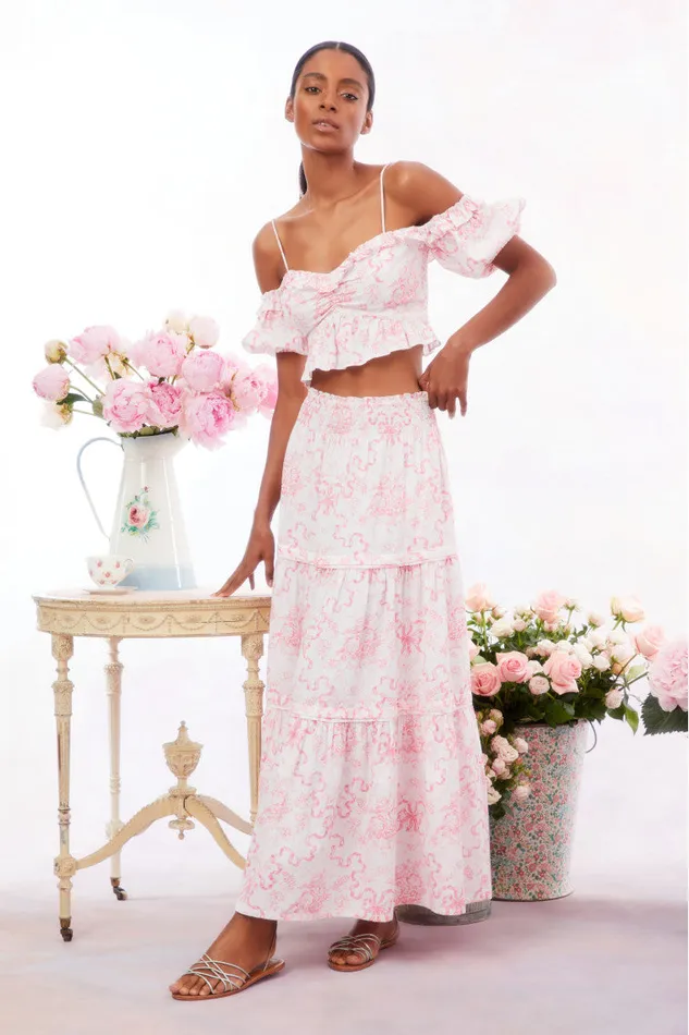 WomenKids LoveShackFancy Skirts Evera Bow Print Cotton Maxi Skirt Bubblegum Blast