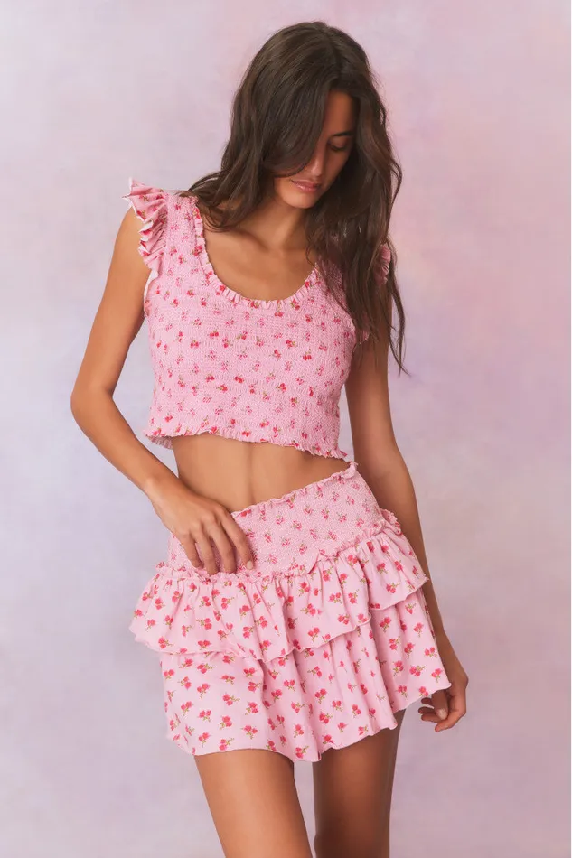 WomenKids LoveShackFancy Tops Dovi Printed Smocked Top Cherry Pink
