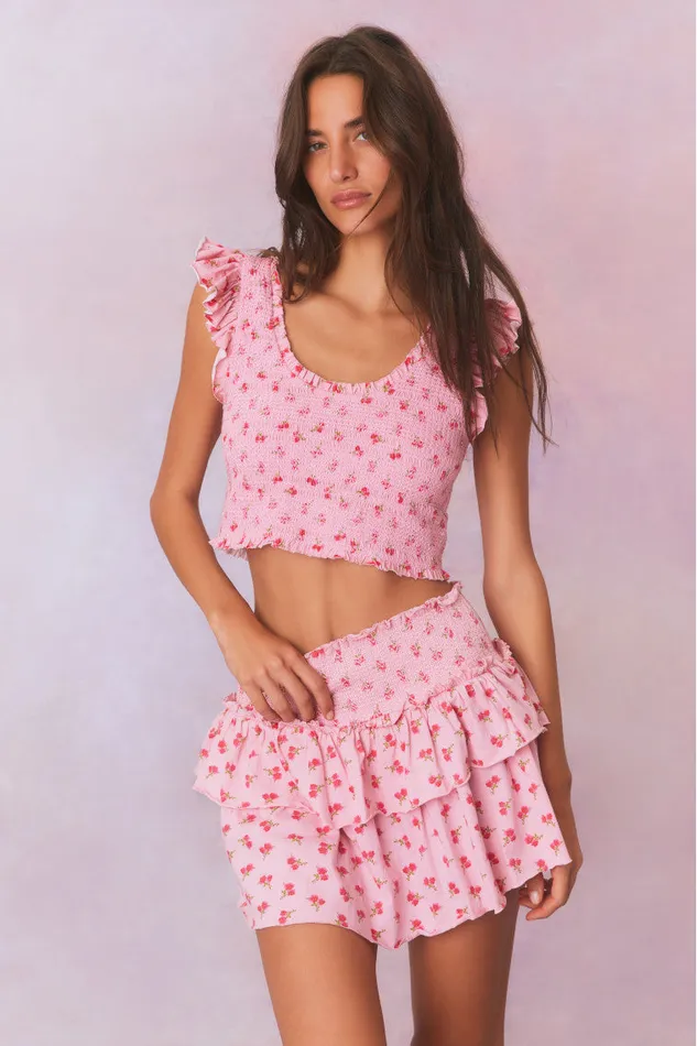 WomenKids LoveShackFancy Tops Dovi Printed Smocked Top Cherry Pink