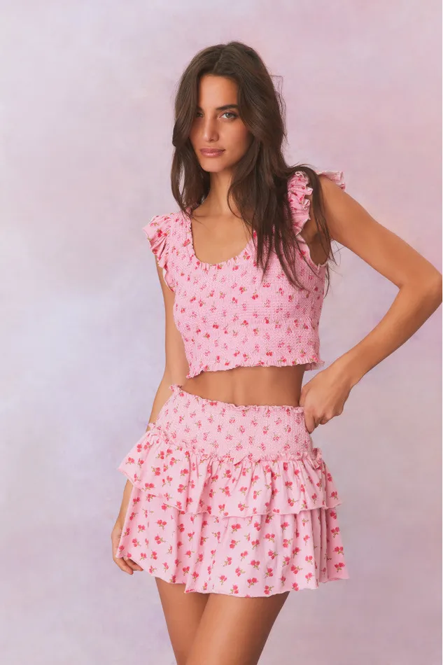 WomenKids LoveShackFancy Tops Dovi Printed Smocked Top Cherry Pink