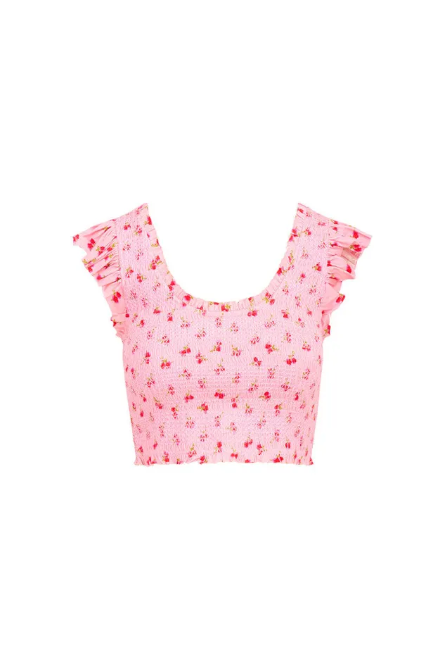 WomenKids LoveShackFancy Tops Dovi Printed Smocked Top Cherry Pink