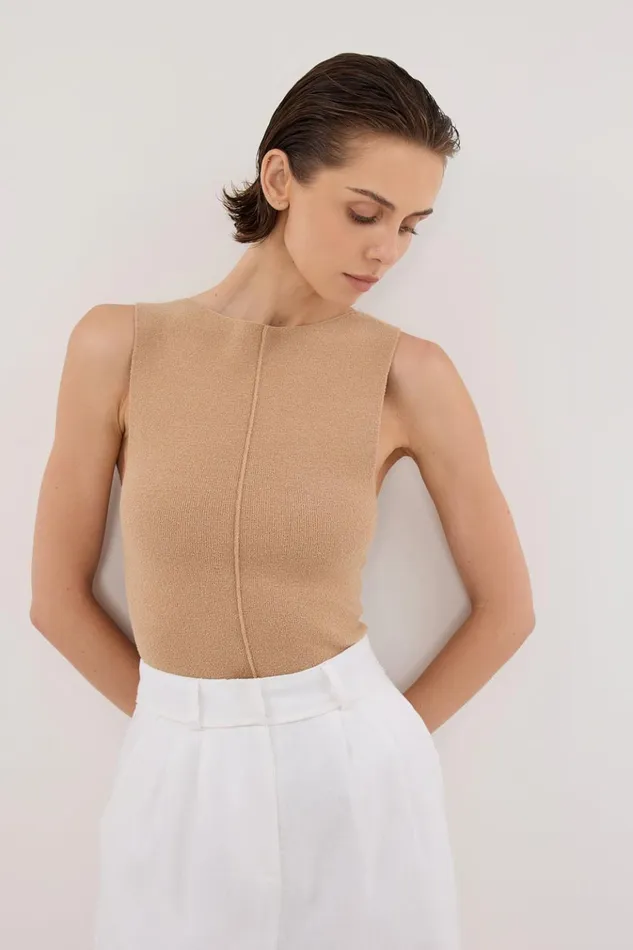 Women Knitted DISSH OWEN TAN BOAT NECK TOP