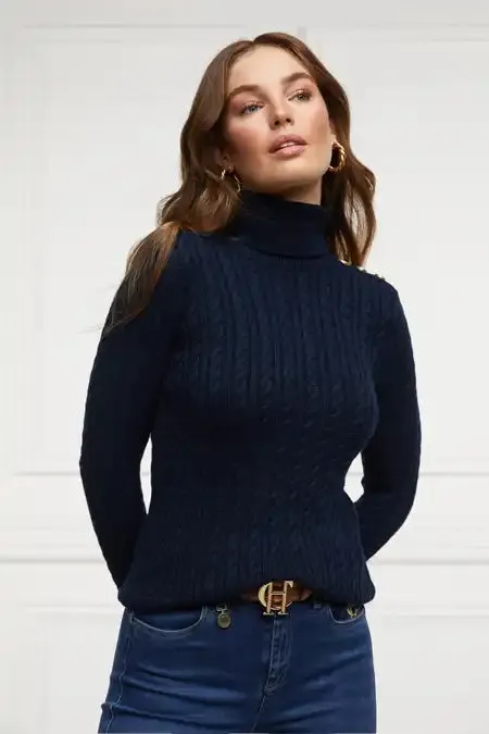 Women Knitwear Holland Cooper Seattle Roll Neck Cable Knit Ink Navy