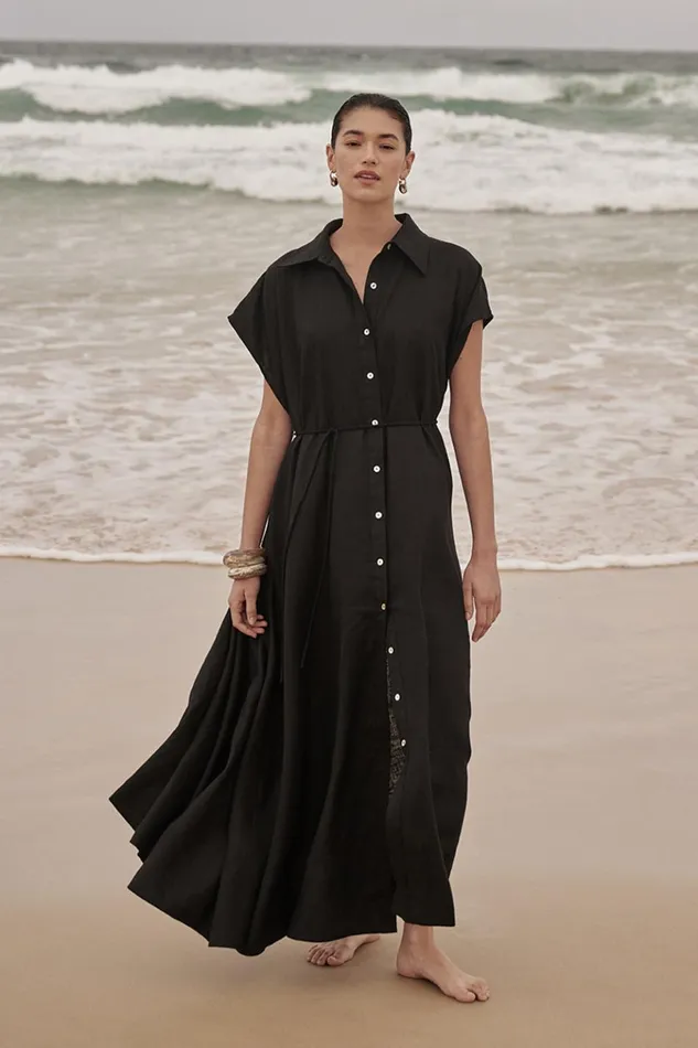 Women Linen Dresses DISSH LANA BLACK LINEN MIDI SHIRT DRESS