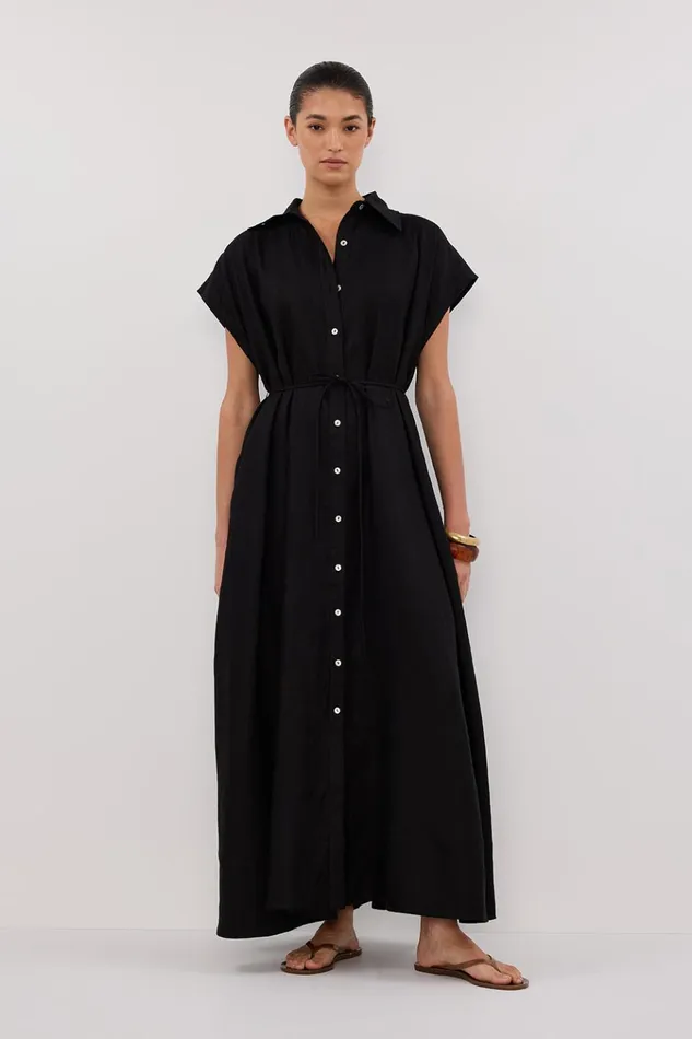 Women Linen Dresses DISSH LANA BLACK LINEN MIDI SHIRT DRESS