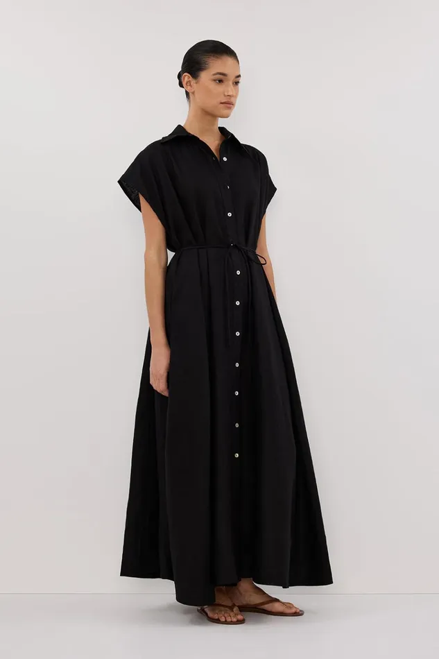 Women Linen Dresses DISSH LANA BLACK LINEN MIDI SHIRT DRESS