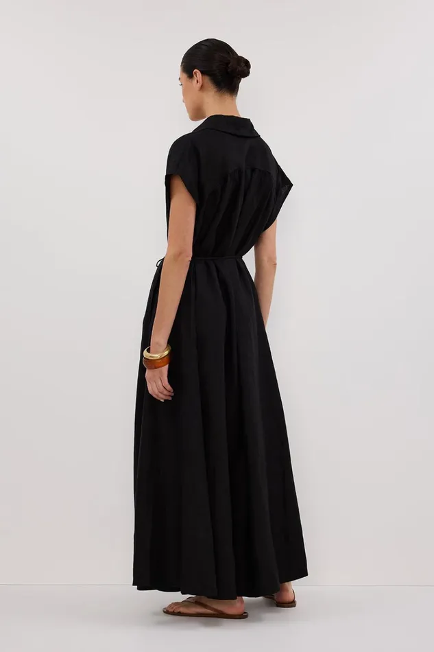 Women Linen Dresses DISSH LANA BLACK LINEN MIDI SHIRT DRESS