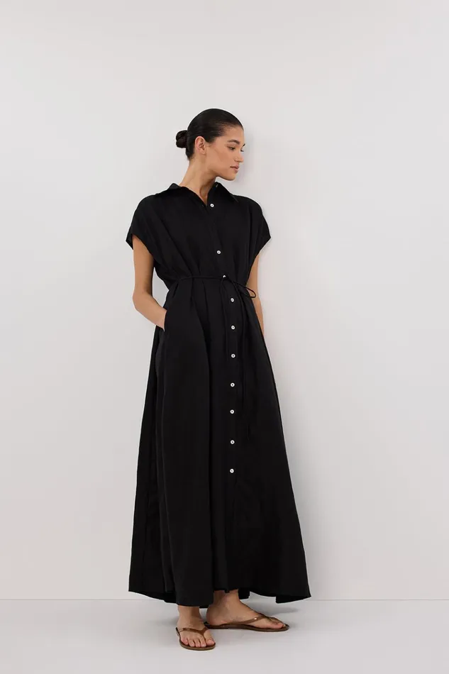 Women Linen Dresses DISSH LANA BLACK LINEN MIDI SHIRT DRESS