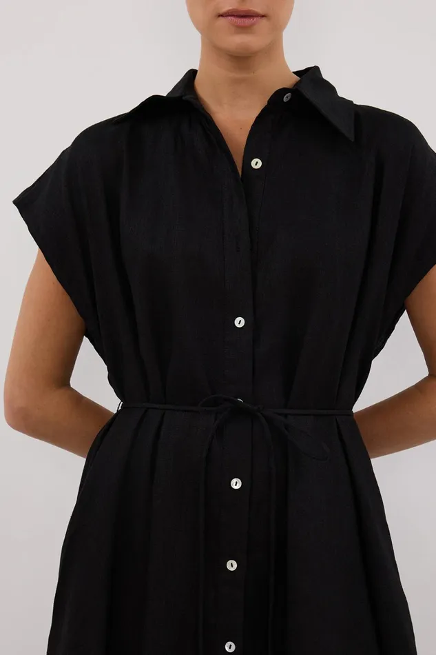Women Linen Dresses DISSH LANA BLACK LINEN MIDI SHIRT DRESS